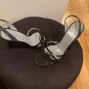 BCBG black sling back leather heels with clear embellishment. Sz. 9.5. Heel 4.5”